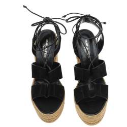 مملوكة مسبقًا صندل سان لوران سويدي أسود كعب روكي نعل سميك سير كاحل مقاس 41