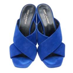 Pre Owned Saint Laurent Blue Suede Lou Lou Crisscross Slide Sandals Size 38