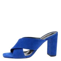 Pre Owned Saint Laurent Blue Suede Lou Lou Crisscross Slide Sandals Size 38