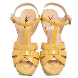 Pre Owned Saint Laurent Yellow Patent Leather Tribute Platform Sandals Size 36