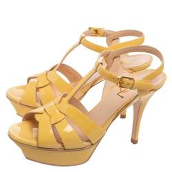 Pre Owned Saint Laurent Yellow Patent Leather Tribute Platform Sandals Size 36