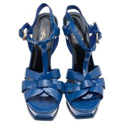 Pre Owned Saint Laurent Blue Patent Leather Tribute Platform Sandals Size 39