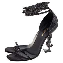 Pre Owned Saint Laurent Black Satin and Crystals Opyum Ankle-Wrap Sandals Size 40