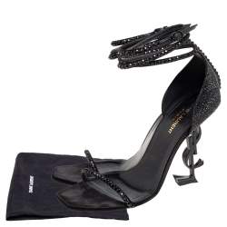 Pre Owned Saint Laurent Black Satin and Crystals Opyum Ankle-Wrap Sandals Size 40