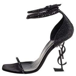 Pre Owned Saint Laurent Black Satin and Crystals Opyum Ankle-Wrap Sandals Size 40