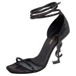 Pre Owned Saint Laurent Black Satin and Crystals Opyum Ankle-Wrap Sandals Size 40