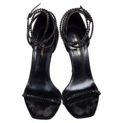 Pre Owned Saint Laurent Black Satin and Crystals Opyum Ankle-Wrap Sandals Size 40
