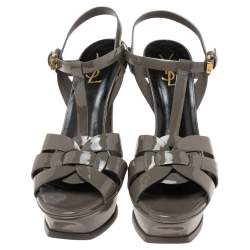 Pre Owned Saint Laurent Grey Patent Leather Tribute Platform Ankle Strap Sandals Size 40.5