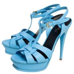 Pre Owned Saint Laurent Blue Leather Tribute Sandals Size 40.5