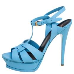 Pre Owned Saint Laurent Blue Leather Tribute Sandals Size 40.5