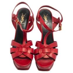 Pre Owned صندل سان لوران تريبوت جلد أحمر نعل سميك مقاس 41