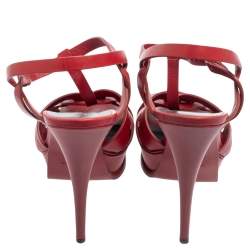 Pre Owned صندل سان لوران تريبوت جلد أحمر نعل سميك مقاس 41