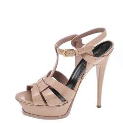 Pre Owned Saint Laurent Beige Patent Leather Tribute Platform Sandals Size 37