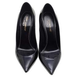 مملوكة مسبقًا حذاء كعب عالي سان لوران أوبيوم جلد أسود لامع مقدمة مدببة مقاس 37