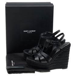 Pre Owned Saint Laurent Black Leather Tribute Wedge Espadrille Platform Sandals Size 37