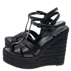 Pre Owned Saint Laurent Black Leather Tribute Wedge Espadrille Platform Sandals Size 37