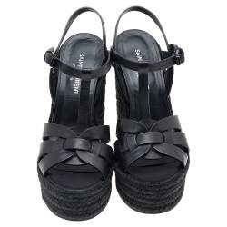 Pre Owned Saint Laurent Black Leather Tribute Wedge Espadrille Platform Sandals Size 37