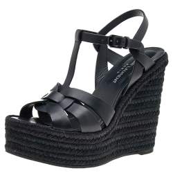 Pre Owned Saint Laurent Black Leather Tribute Wedge Espadrille Platform Sandals Size 37