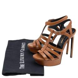 Pre Owned Saint Laurent Brown Leather Strappy Platform Ankle Strap Sandals Size 35