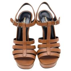 Pre Owned Saint Laurent Brown Leather Strappy Platform Ankle Strap Sandals Size 35