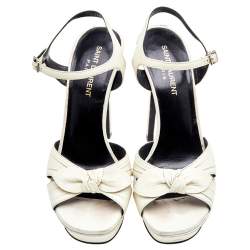 Pre Owned Saint Laurent Off-White Leather Bow Platform Sandals Size 37