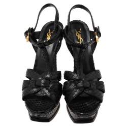 مملوكة مسبقًا Saint Laurent Black Python Leather Tribute Platform  Sandals Size 38.5