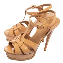 Saint Laurent Beige Patent Leather Tribute  Platform Sandals Size 38
