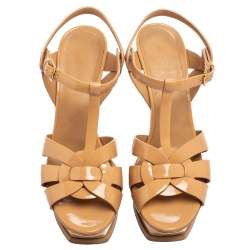 Saint Laurent Beige Patent Leather Tribute  Platform Sandals Size 38