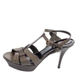 Pre Owned Saint Laurent Grey Lizard Embossed Leather Tribute Sandals Size 40
