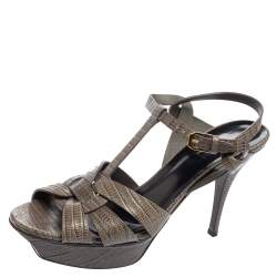 Pre Owned Saint Laurent Grey Lizard Embossed Leather Tribute Sandals Size 40