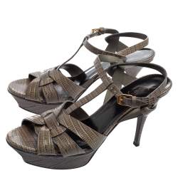 Pre Owned Saint Laurent Grey Lizard Embossed Leather Tribute Sandals Size 40