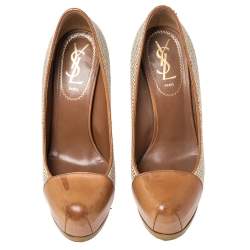 Saint Laurent Brown/Grey Canvas And Leather Platform Tribtoo  Pumps Size 37