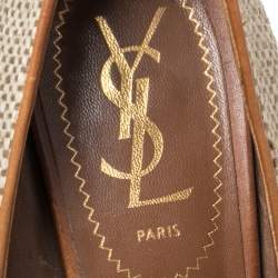 Saint Laurent Brown/Grey Canvas And Leather Platform Tribtoo  Pumps Size 37
