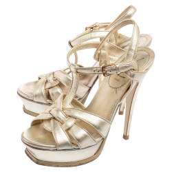 Pre Owned صندل سان لوران تريبوت جلد ذهبي فاتح نعل سميك مقاس 38