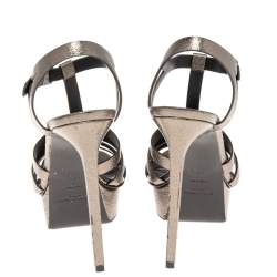 Saint Laurent Metallic Bronze Texture Leather Platform Sandals Size 38.5