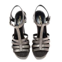 Saint Laurent Metallic Bronze Texture Leather Platform Sandals Size 38.5