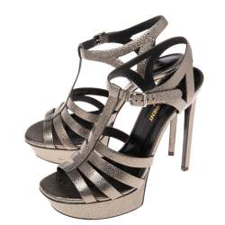 Saint Laurent Metallic Bronze Texture Leather Platform Sandals Size 38.5