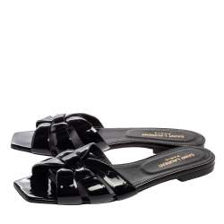 Pre Owned Saint Laurent Black Patent Leather Tribute Flat Sandals Size 38.5