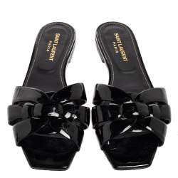 Pre Owned Saint Laurent Black Patent Leather Tribute Flat Sandals Size 38.5