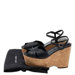Saint Laurent Black Leather Cork Wedge Platform Sandals Size 40