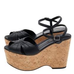Saint Laurent Black Leather Cork Wedge Platform Sandals Size 40