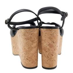 Saint Laurent Black Leather Cork Wedge Platform Sandals Size 40