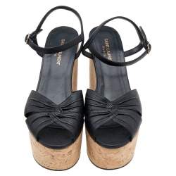 Saint Laurent Black Leather Cork Wedge Platform Sandals Size 40