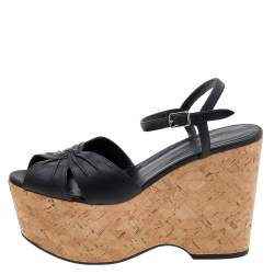 Saint Laurent Black Leather Cork Wedge Platform Sandals Size 40