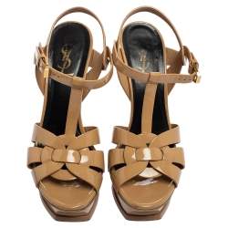 Pre Owned Saint Laurent Beige Patent Leather Tribute Platform Sandals Size 36.5