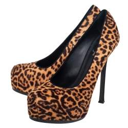 Pre Owned Saint Laurent Brown/Beige Leopard Print Pony Hair Tribtoo Pumps Size 41