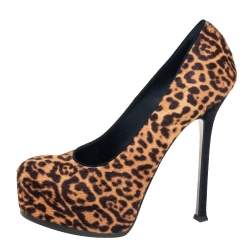 Pre Owned Saint Laurent Brown/Beige Leopard Print Pony Hair Tribtoo Pumps Size 41