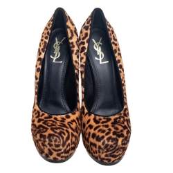 Pre Owned Saint Laurent Brown/Beige Leopard Print Pony Hair Tribtoo Pumps Size 41