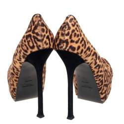 Pre Owned Saint Laurent Brown/Beige Leopard Print Pony Hair Tribtoo Pumps Size 41