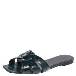 Pre Owned Saint Laurent Dark Green  Croc Embossed Leather Tribute Flats Size 39